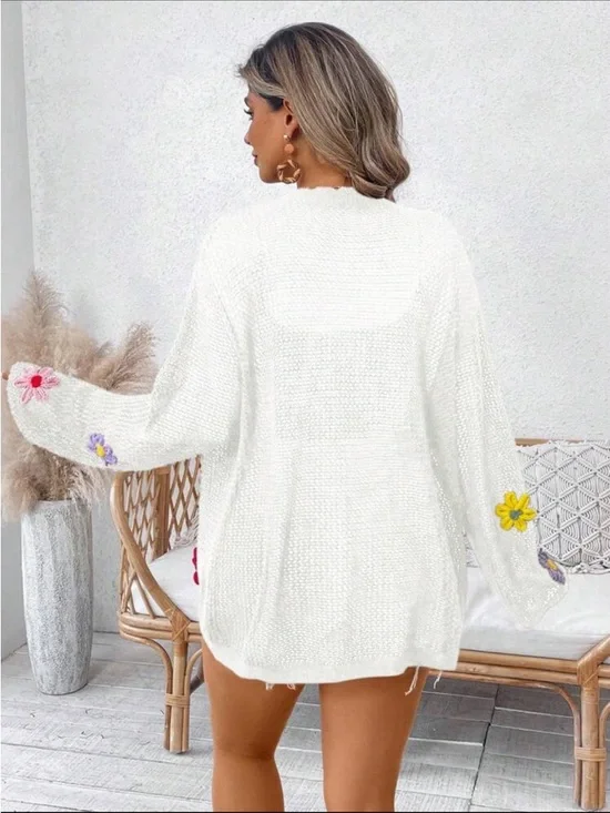 White crochet Cardigan with Multicolor Floral Embroidery - Picture 2 of 4